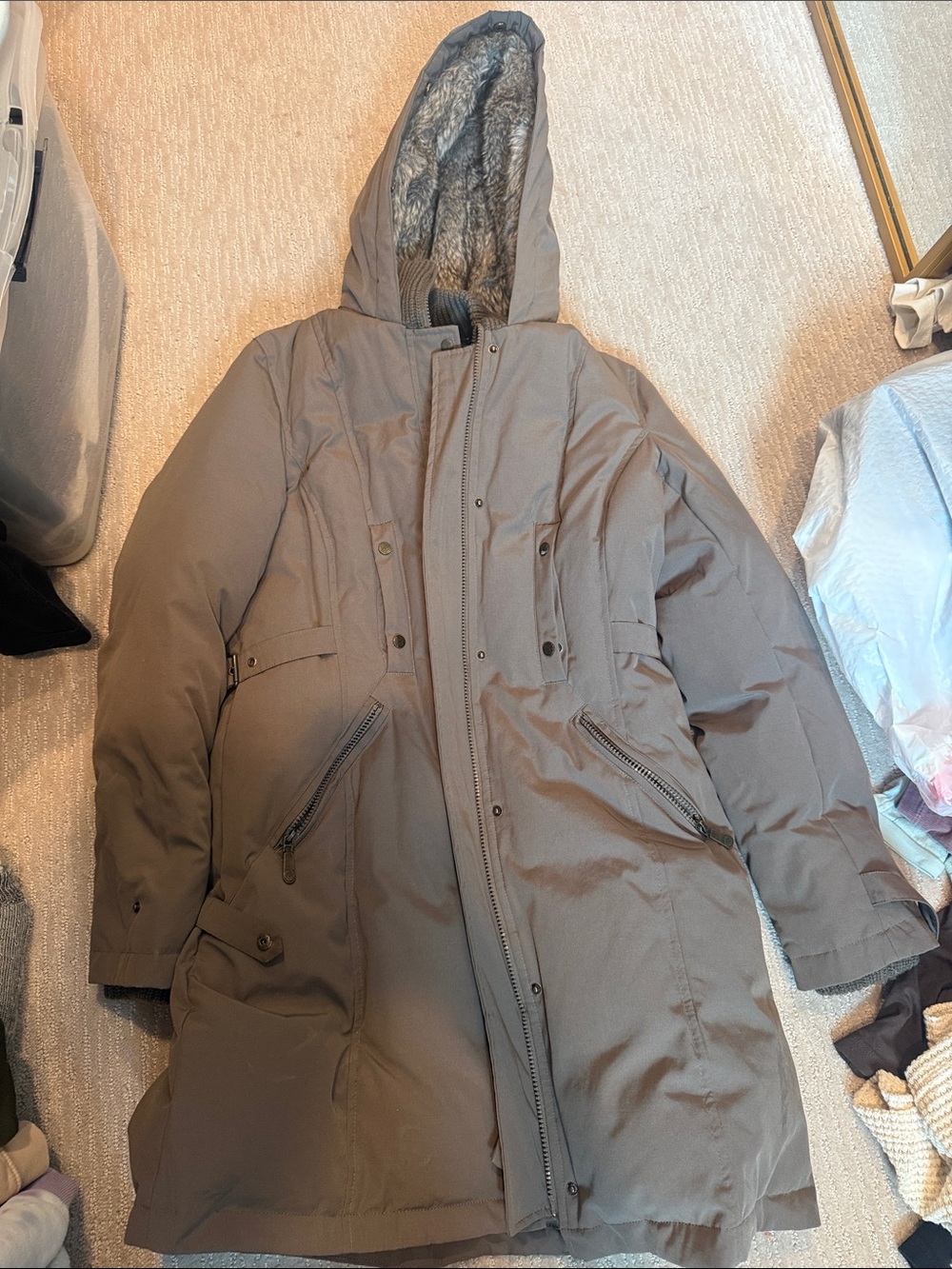 Vince Camuto Taupe Hooded Ski Jacket with Faux-Fur Lining